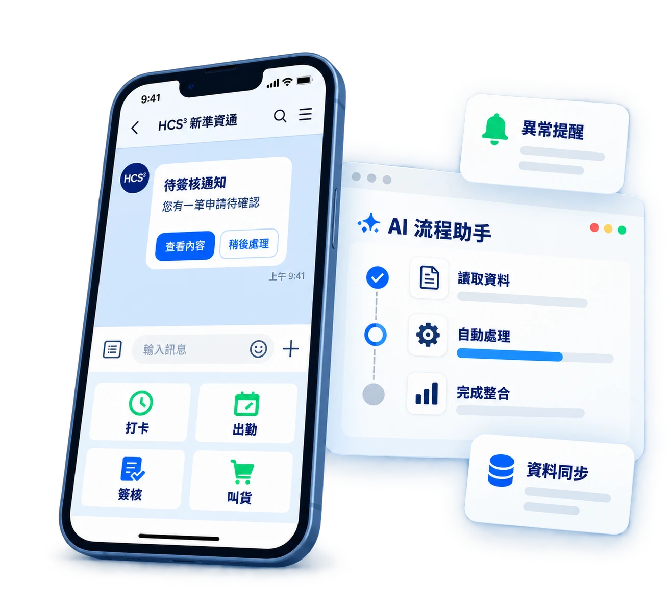 LINE 官方帳號應用情境：手機顯示待簽核通知與打卡、出勤、簽核、叫貨選單，搭配 AI 流程助手、異常提醒與資料同步。